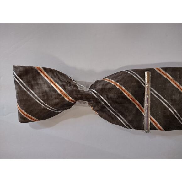 Adrienne Vittadini Tie Brown, Diagonal Orange Stripes With Tie Clip Fall Colors - Picture 9 of 10